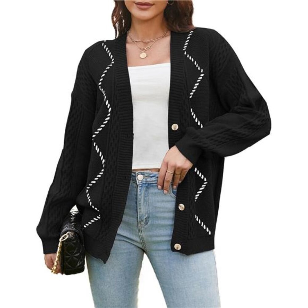 NEW Cable Knit Cardigan Women Chunky Sweater Cardigans Contrast Color